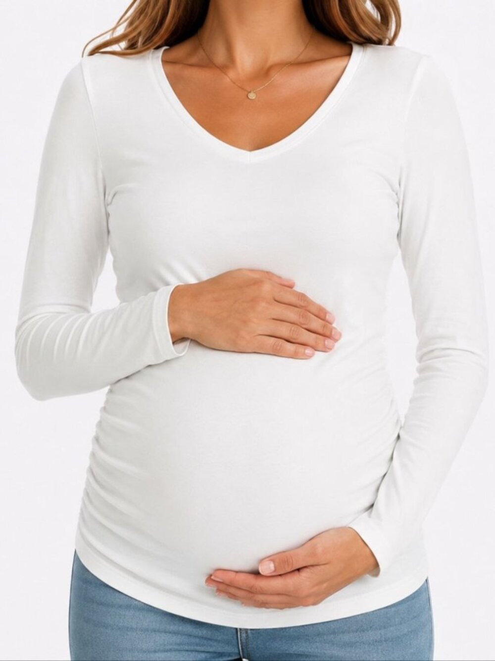 Isabel Maternity White Long Sleeve V-Neck Top Size Small Cotton Modal Pregnancy